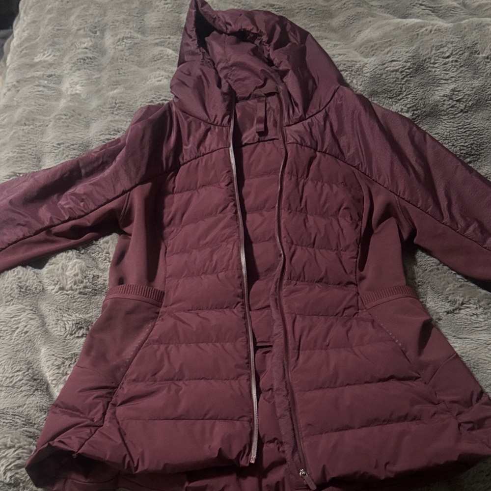 lululemon athletica Maroon Hooded Puffer Jacket down for it all jacket